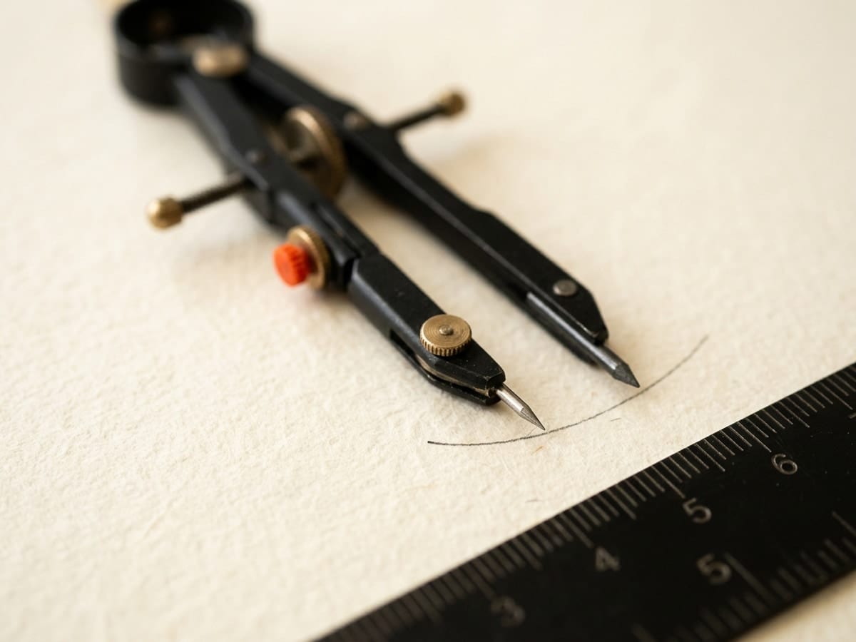 Primer plano de un comp&aacute;s de dibujo t&eacute;cnico negro y el borde de una regla sobre papel crema, con un peque&ntilde;o detalle naranja bermell&oacute;n en el tornillo.