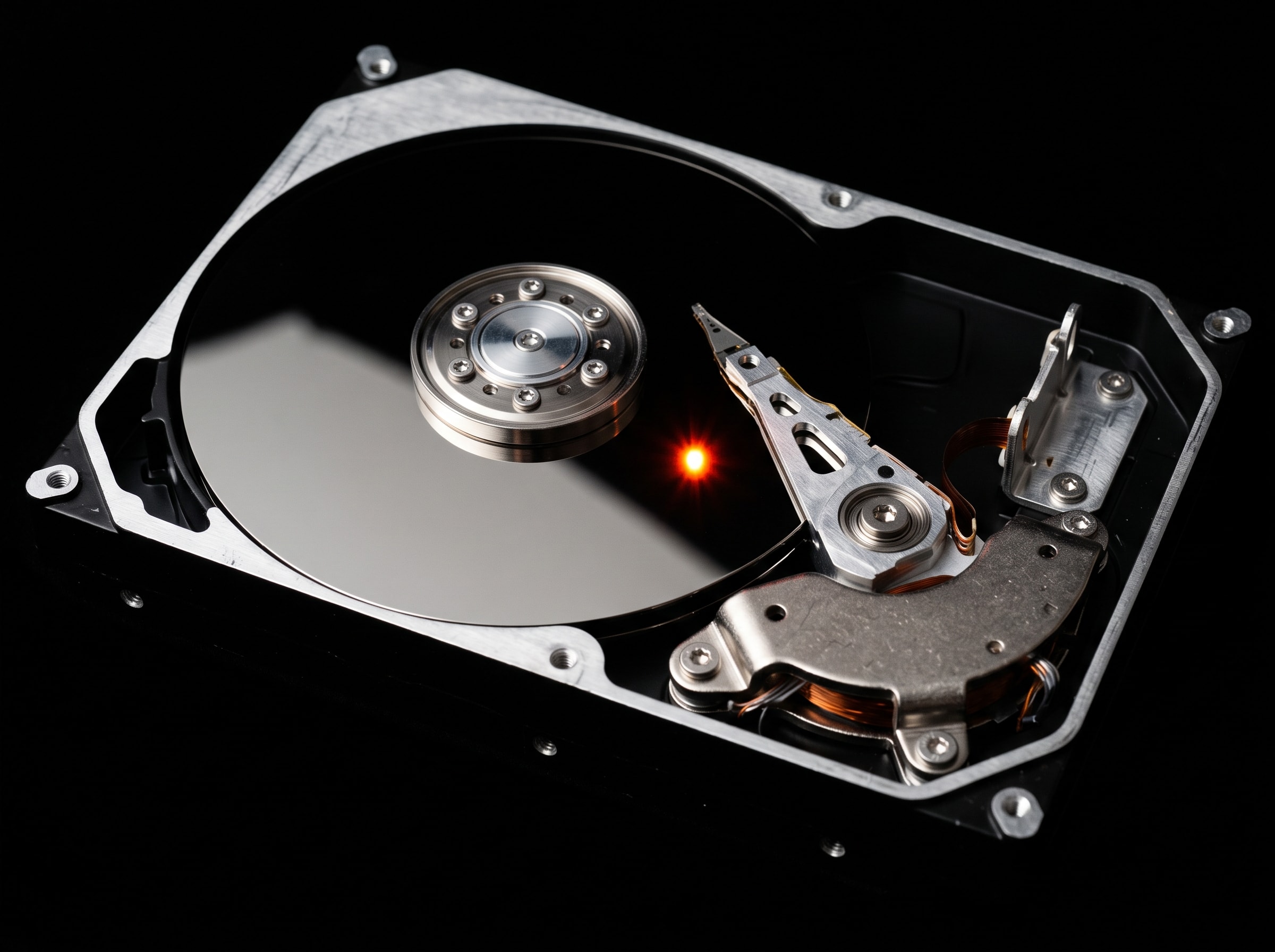 Disco rígido abierto, en reparación sobre la mesa