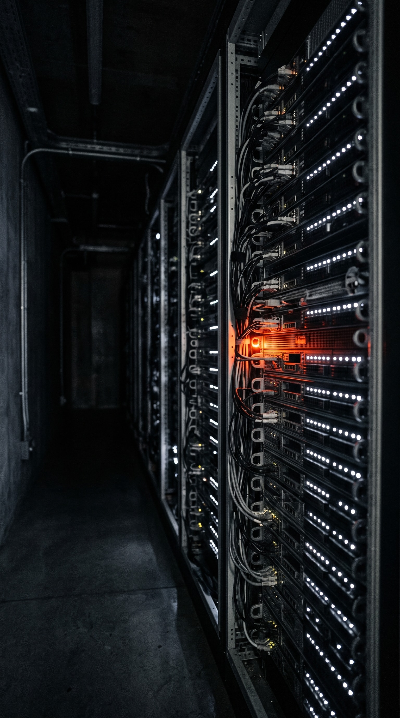 Rack de servidores con luces encendidas de madrugada