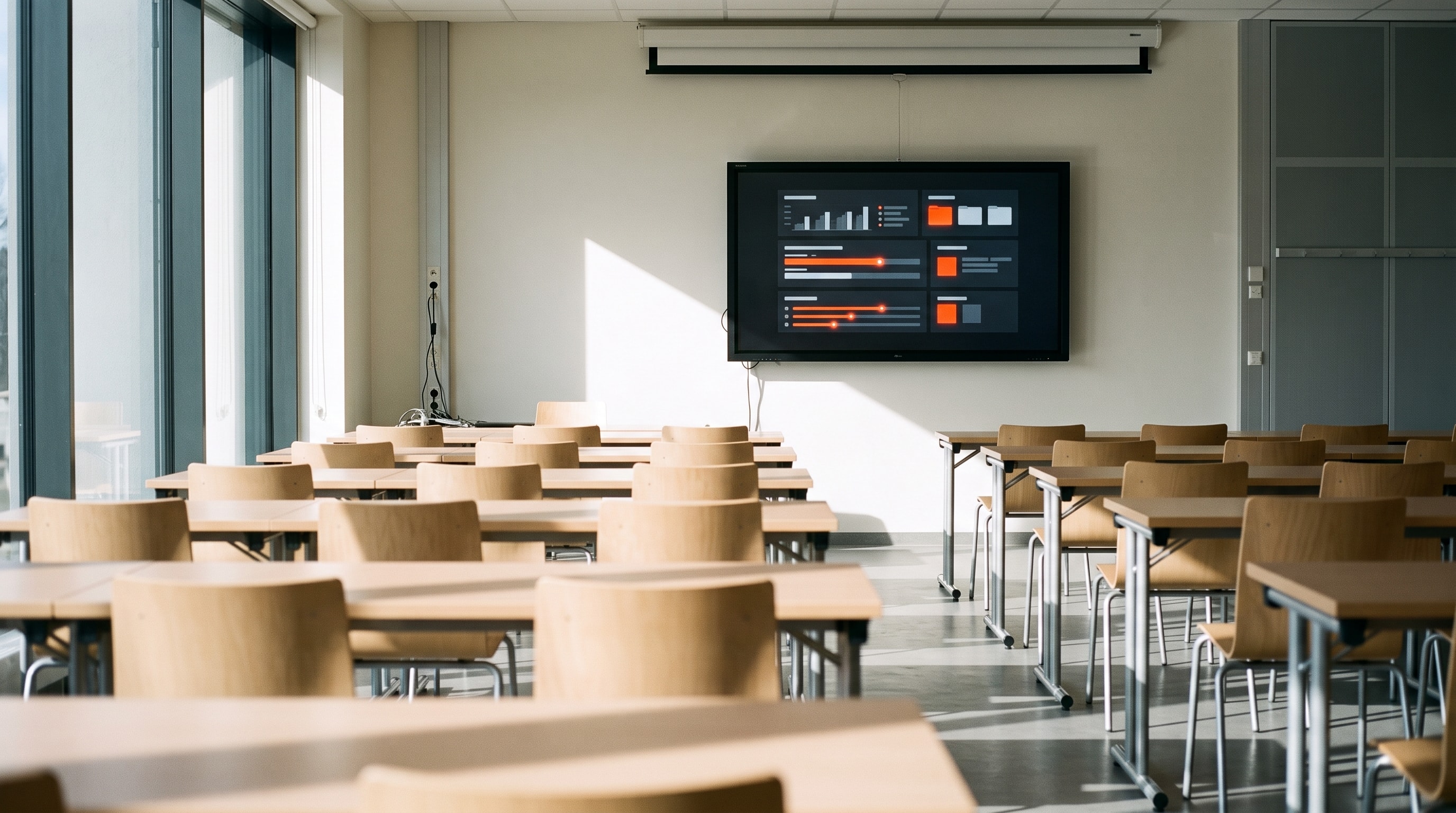 Aula vacía con pupitres de madera y una pantalla que muestra el tablero del curso