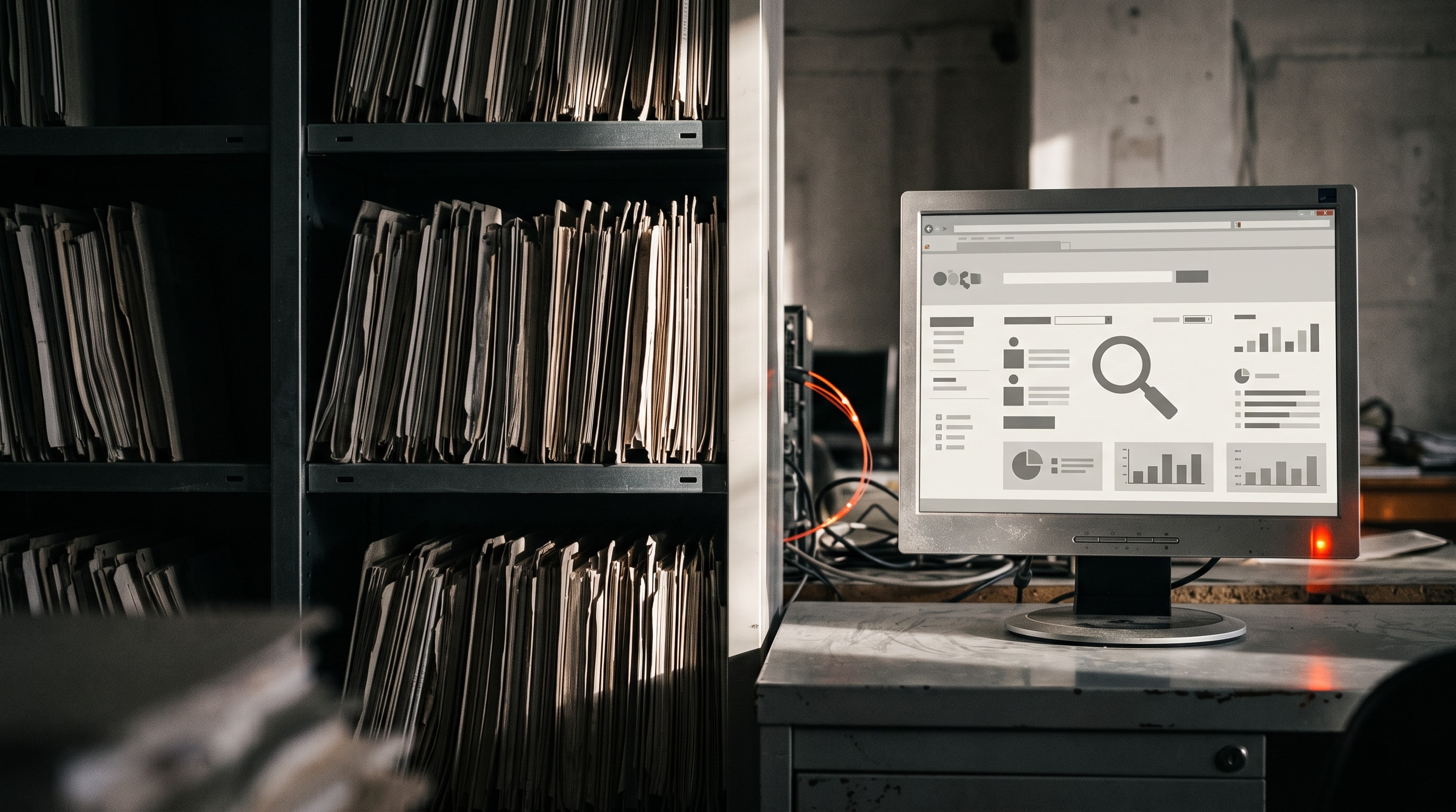 Estantes cargados de expedientes en papel junto a un monitor con el buscador del archivo propio