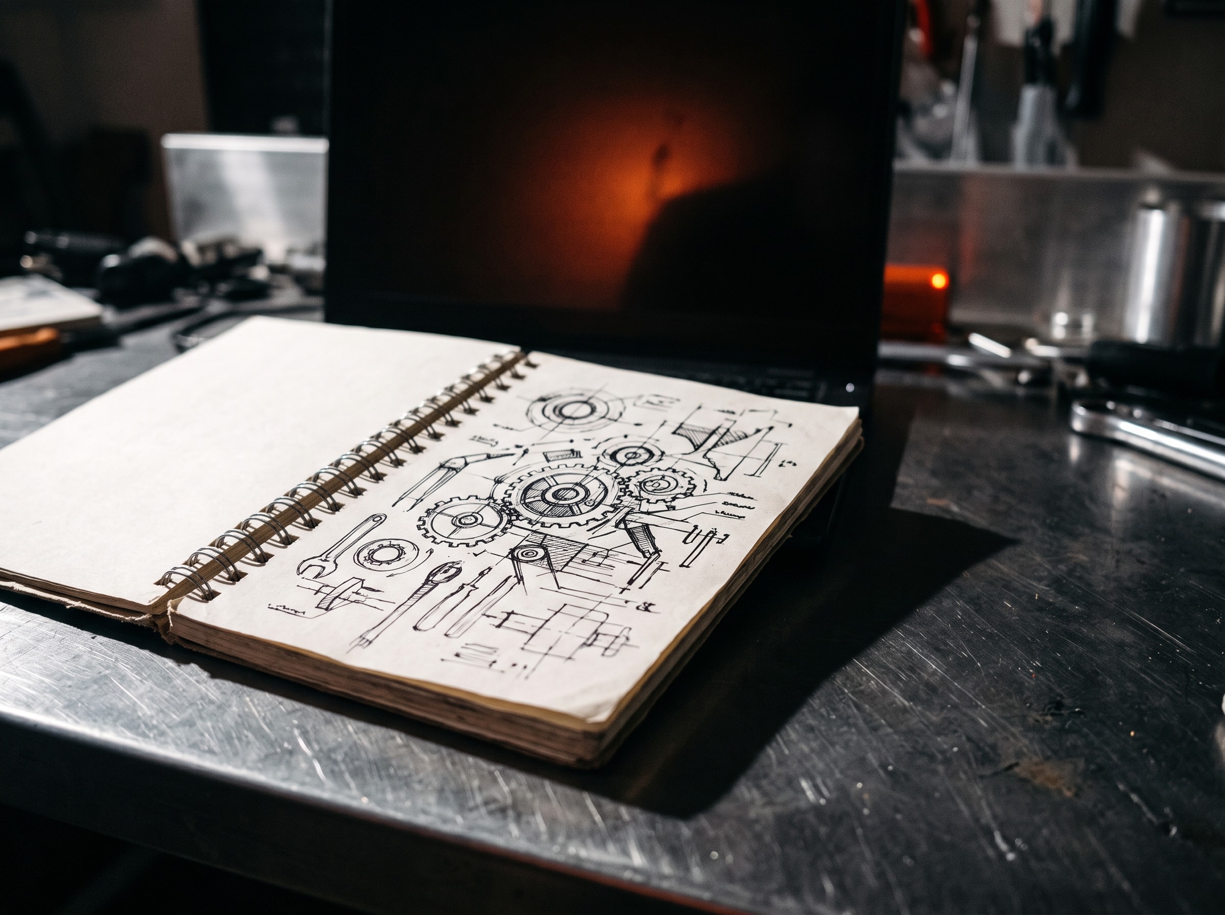 Cuaderno de bocetos junto a una pantalla