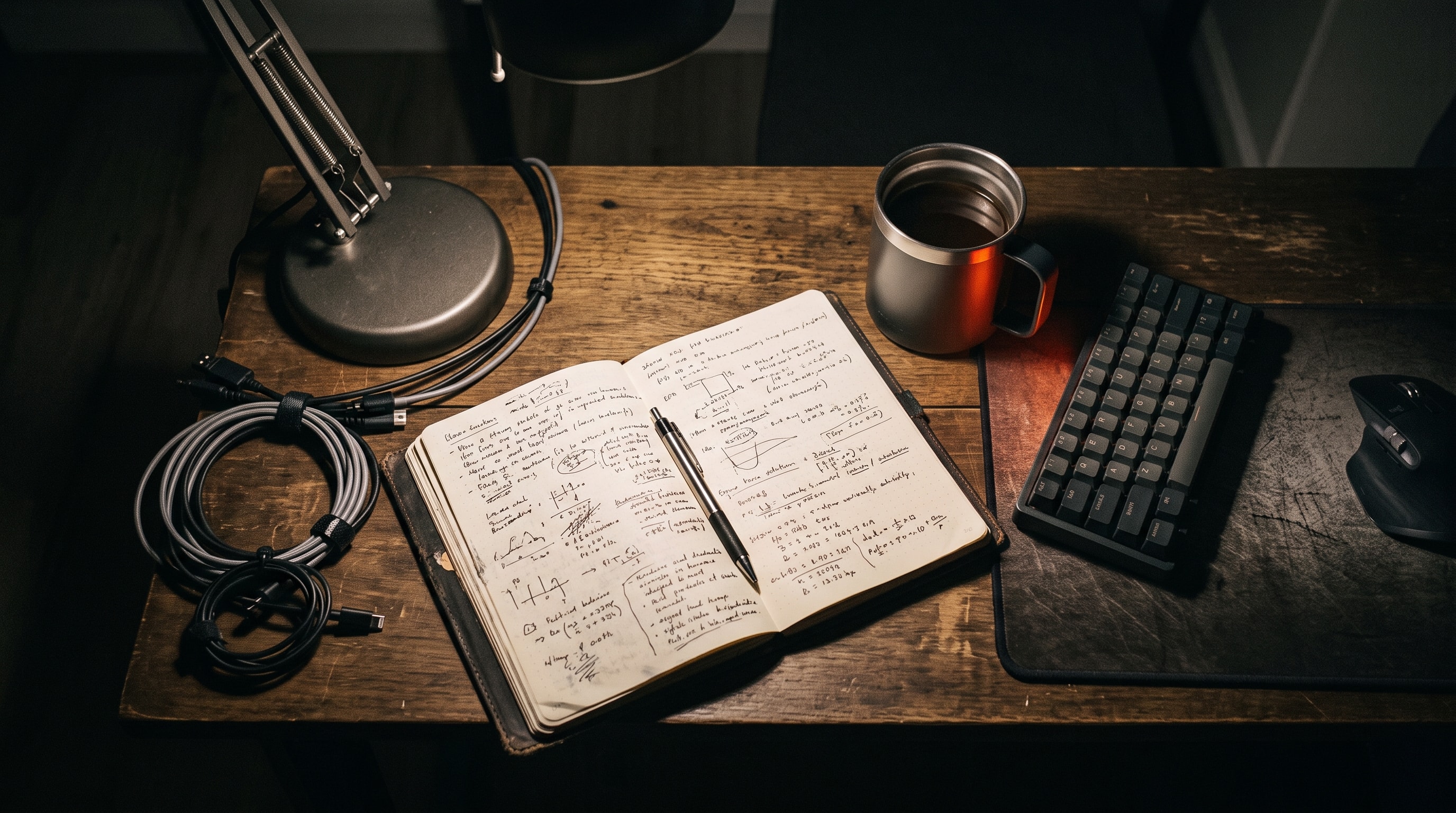Escritorio de trabajo iluminado de noche