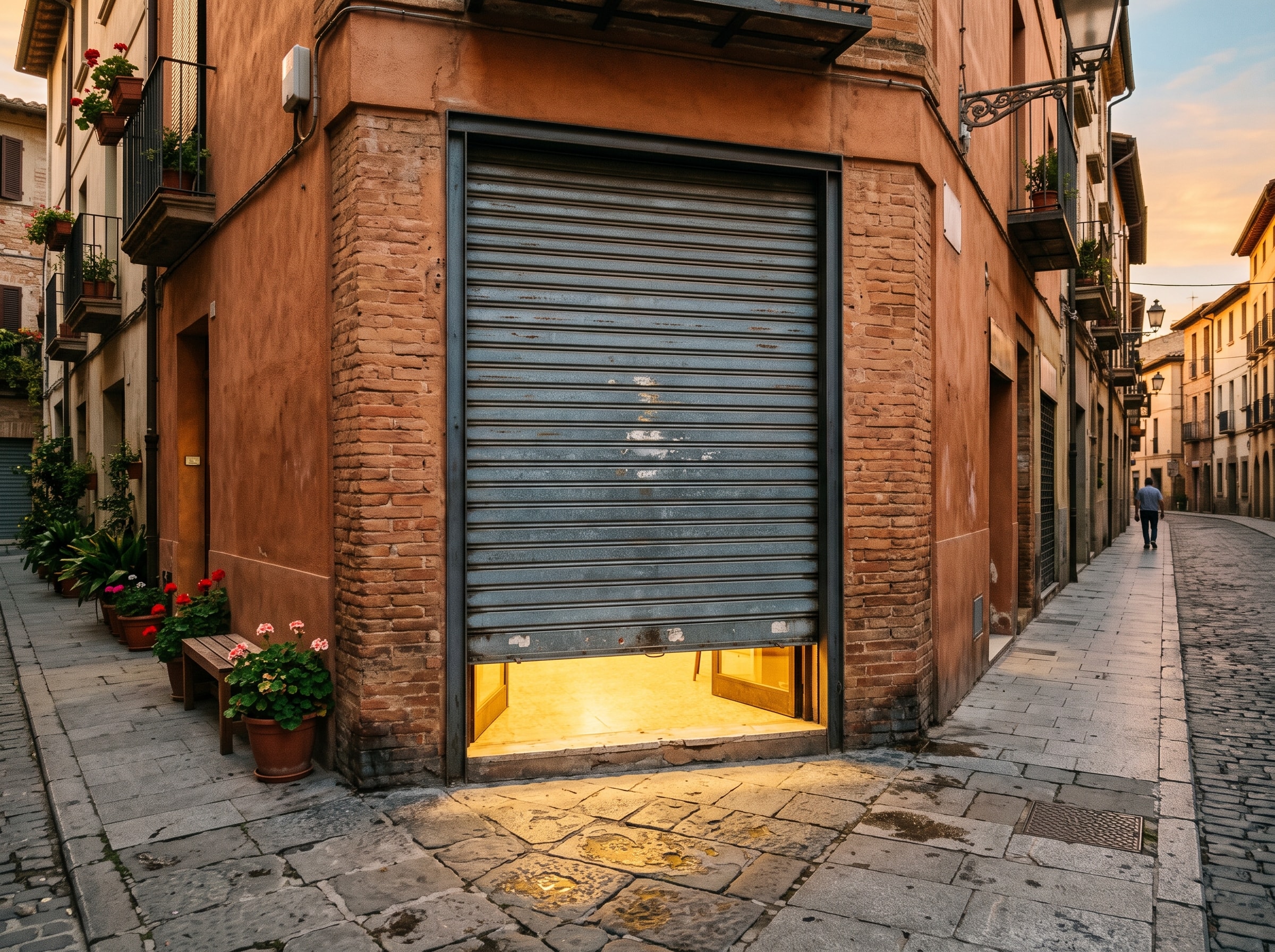 Persiana metálica bajada casi hasta el piso, con la luz del local encendida escapándose por debajo